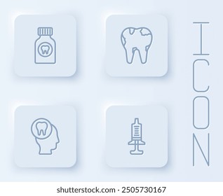 Set line Toothache painkiller tablet, Broken tooth,  and Syringe. White square button. Vector