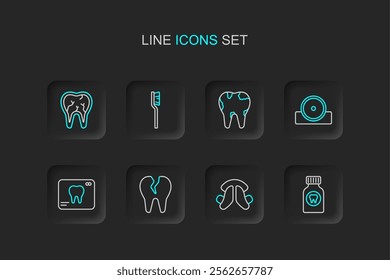 Set line Toothache painkiller tablet, Dental tooth plate, Broken, X-ray of, Otolaryngological head reflector, Toothbrush and  icon. Vector