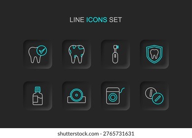 Set line Toothache painkiller tablet, Dental floss, Otolaryngological head reflector, Mouthwash, protection, Electric toothbrush, Broken and  icon. Vector