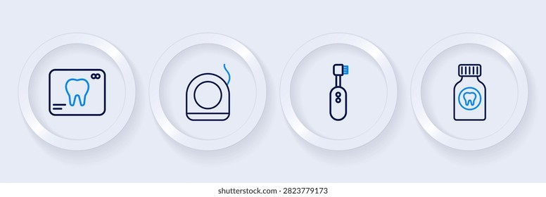 Set line Toothache painkiller tablet, Electric toothbrush, Dental floss and X-ray of icon. Vector