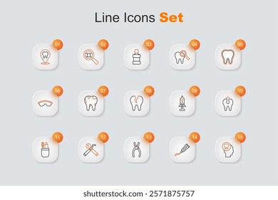 Set line Toothache, Tube of toothpaste, Dental pliers, mirror and probe, Toothbrush, Broken, Syringe and  icon. Vector