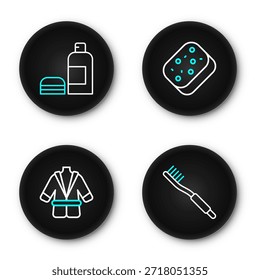 Definir linha Escova de dentes, Roupão de banho, Esponja e garrafa de ícone de xampu. Vetor