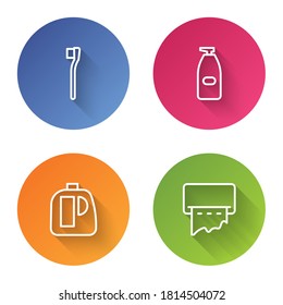 Set line Toothbrush, Bottle of liquid antibacterial soap, Bottles for cleaning agent and Paper towel dispenser on wall. Color circle button. Vector