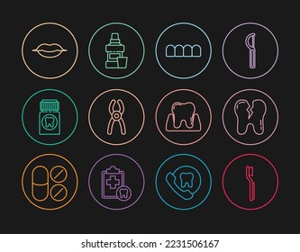 Set line Toothbrush, Broken tooth, Dentures model, Dental pliers, Painkiller tablet, Smiling lips,  and Mouthwash bottle icon. Vector