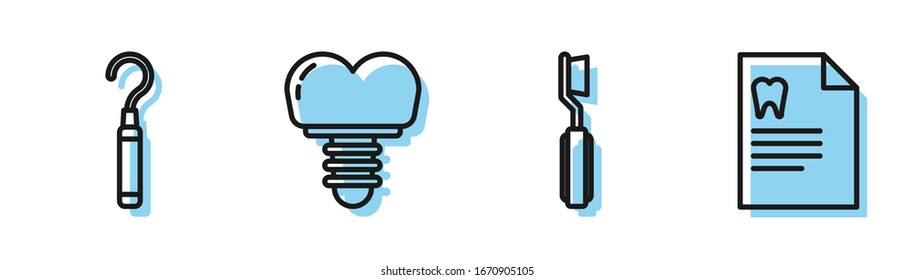 Set line Toothbrush, Dental explorer scaler for teeth, Dental implant and Clipboard with dental card icon. Vector