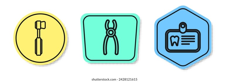 Set line Toothbrush, Dental pliers and Id card with tooth. Colored shapes. Vector