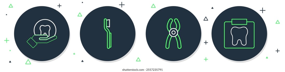 Set line Toothbrush, Dental pliers,  and X-ray of tooth icon. Vector