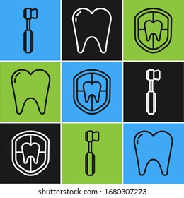 Set line Toothbrush, Dental protection and Tooth icon. Vector