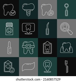 Set line Toothbrush, Dental search, with caries, clinic location, Painkiller tablet, whitening concept and explorer scaler icon. Vector