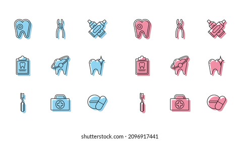 Set line Toothbrush, First aid kit, with caries, Medicine pill or tablet, whitening concept, Clipboard dental card and Dental pliers icon. Vector