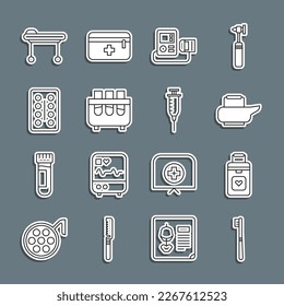 Set line Toothbrush, Organ container, Bedpan, Blood pressure, Test tube and flask, Pills blister pack, Stretcher and Syringe icon. Vector