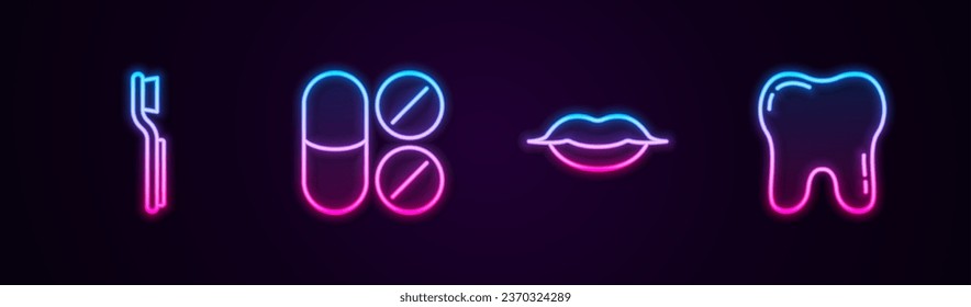 Set line Toothbrush, Painkiller tablet, Smiling lips and . Glowing neon icon. Vector