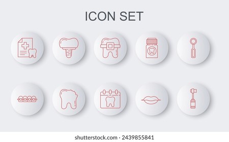 Set line Toothbrush, Teeth with braces, Smiling lips, Dental card, implant, Broken tooth and Calendar icon. Vector