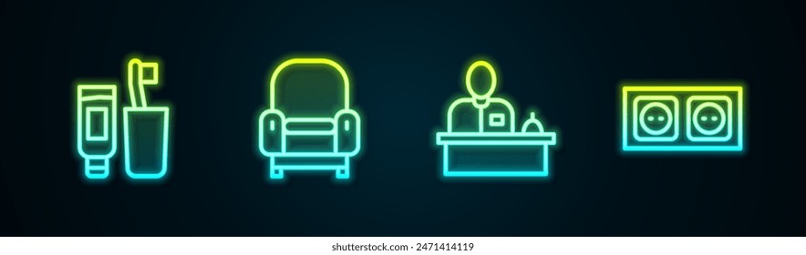 Set line Cepillo de dientes y pasta de dientes, Sillón, Recepción del hotel y Toma eléctrica. Icono de neón brillante. Vector