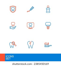 Set line Toothbrush with toothpaste, Broken, Dental implant, clinic location, Mouthwash and Tube of icon. Vector