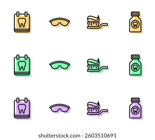 Set line Toothbrush with toothpaste, Calendar, Safety goggle glasses and Toothache painkiller tablet icon. Vector