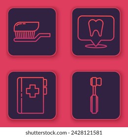 Set line Toothbrush with toothpaste, Clipboard with dental card, Dental clinic location and Toothbrush. Blue square button. Vector