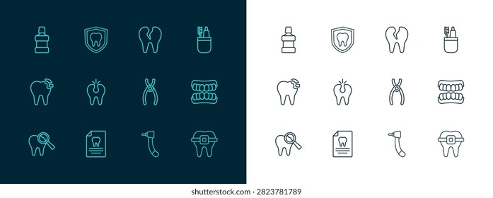 Set line Toothbrush and toothpaste, Clipboard with dental card, Dental pliers, drill, Broken, Mouthwash and protection icon. Vector