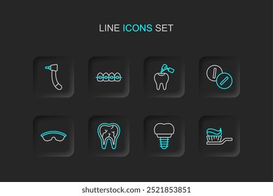 Definir linha Escova de dentes com pasta de dentes, Implante dentário, Quebrado, Óculos de óculos de segurança, comprimido de analgésico para dor de dente, cáries e broca, Cintas e ícone dos dentes. Vetor