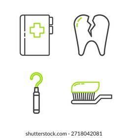 Definir a linha Escova de dentes com pasta de dentes, Escalador de explorador dentário para dentes, ícone de cartão dental quebrado e Clipboard. Vetor