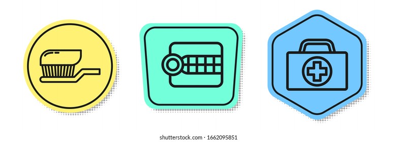 Set line Toothbrush with toothpaste, Dentures model and First aid kit. Colored shapes. Vector