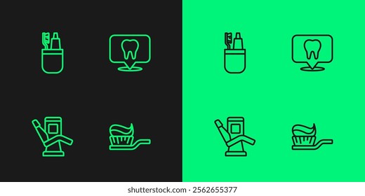 Set line Toothbrush with toothpaste, Medical dental chair, and and Dental clinic location icon. Vector