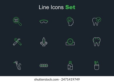 Set line Toothbrush and toothpaste, Mouthwash, Teeth with braces, drill, Broken, Otolaryngological head reflector, Syringe and Dental mirror probe icon. Vector