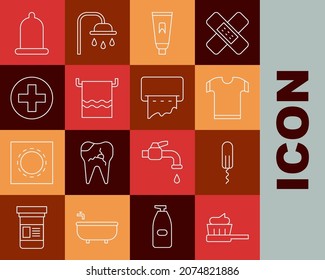 Set Line Toothbrush With Toothpaste, Sanitary Tampon, T-shirt, Tube Of, Towel Hanger, Cross Hospital Medical, Condom And Paper Towel Dispenser Wall Icon. Vector