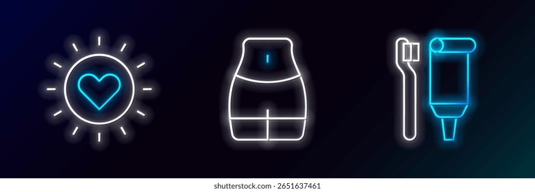 Set line Toothbrush and toothpaste, Sun and Women waist icon. Glowing neon. Vector