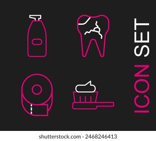 Set line Toothbrush with toothpaste, Toilet paper roll, Broken and Bottle of liquid antibacterial soap icon. Vector