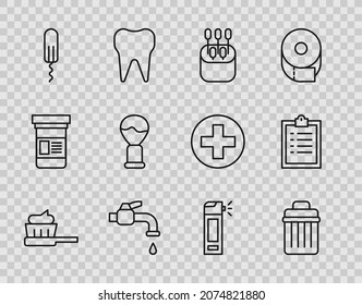 Set Line Toothbrush With Toothpaste, Trash Can, Cotton Swab For Ears, Water Tap, Sanitary Tampon, Shaving, Bottle Nozzle Spray And Clipboard Checklist Icon. Vector