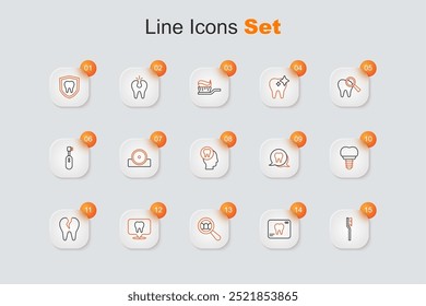 Definir linha Escova de dentes, Raio X do dente, Busca dentária, localização clínica, Quebrado, implante e ícone Dor de dente. Vetor
