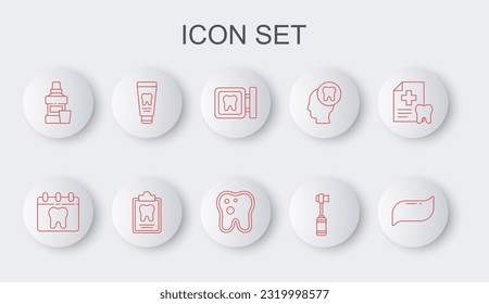 Set line Toothpaste, Calendar with tooth, Dental clinic location, Toothbrush, Mouthwash bottle, Tube of toothpaste, card and caries icon. Vector