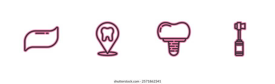 Set line Toothpaste, Dental implant, clinic location and Toothbrush icon. Vector