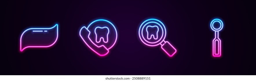 Set line Toothpaste, Online dental care, Dental search and inspection mirror. Glowing neon icon. Vector