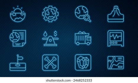 Set line Topographic map, Seismograph, Magnifying glass with globe, Oil money, Earth document, core structure crust, Mining dump truck and Gear wheels and earth icon. Vector