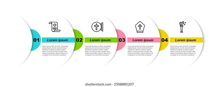 Set line Torah scroll, cruz cristã, chapéu de papa e Aspergillum. Modelo de infográfico comercial. Vetor