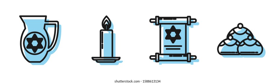 Set line Torah scroll, Decanter with star of david, Burning candle in candlestick and Jewish sweet bakery icon. Vector