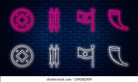Set line Torah scroll, Flag of Israel, Jewish coin and Traditional ram horn, shofar. Glowing neon icon on brick wall. Vector
