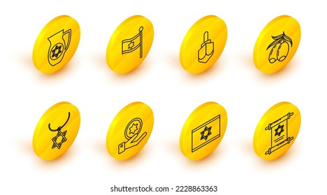 Set line Torah scroll, Flag of Israel, Jewish coin on hand, Star David necklace chain, Olives branch, Hanukkah dreidel,  and Decanter with star david icon. Vector