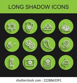 Set line Torah scroll, Flag of Israel, Star David, Tombstone with star david, Hanukkah dreidel, Jewish coin, hand and Traditional ram horn, shofar icon. Vector