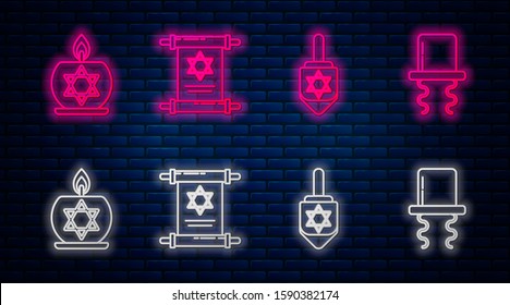 Set line Torah scroll, Hanukkah dreidel, Burning candle in candlestick with star of david and Orthodox jewish hat with sidelocks. Glowing neon icon on brick wall. Vector