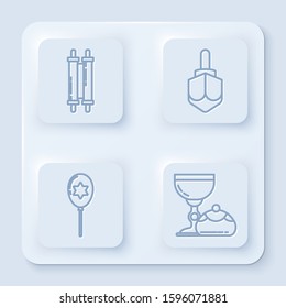 Set line Torah scroll, Hanukkah dreidel, Balloons with ribbon with star of david and Jewish goblet and hanukkah sufganiyot. White square button. Vector