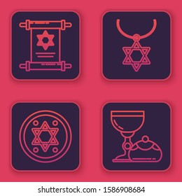 Set line Torah scroll, Jewish coin, Star of David necklace on chain and Jewish goblet and hanukkah sufganiyot. Blue square button. Vector