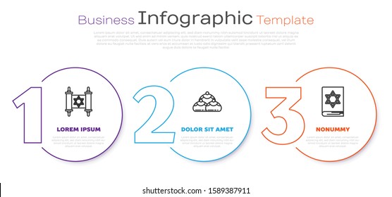 Set line Torah scroll, Jewish sweet bakery and Jewish torah book. Business infographic template. Vector