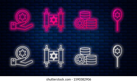 Set line Torah scroll, Jewish coin, Jewish coin on hand and Balloons with ribbon with star of david. Glowing neon icon on brick wall. Vector