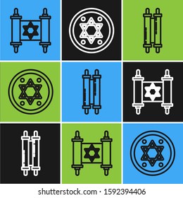 Set line Torah scroll, Torah scroll and Jewish coin icon. Vector