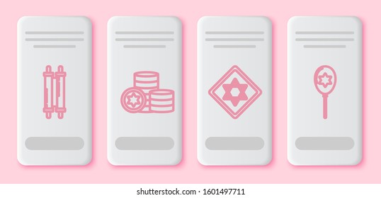 Set line Torah scroll, Jewish coin, Star of David and Balloons with ribbon with star of david. White rectangle button. Vector