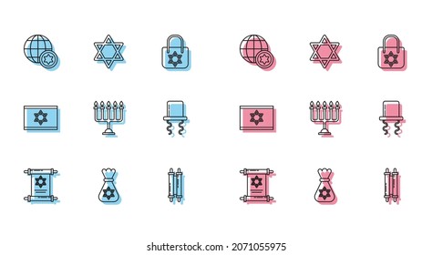 Set line Torah scroll, Jewish money bag with star of david, World Globe and Israel, Hanukkah menorah, Orthodox jewish hat sidelocks, Flag and Star David icon. Vector