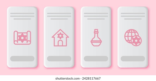 Conjunto de la línea de pergamino de la Torá, sinagoga judía, botella de vino y globo mundial e Israel. Botón de rectángulo blanco. Vector